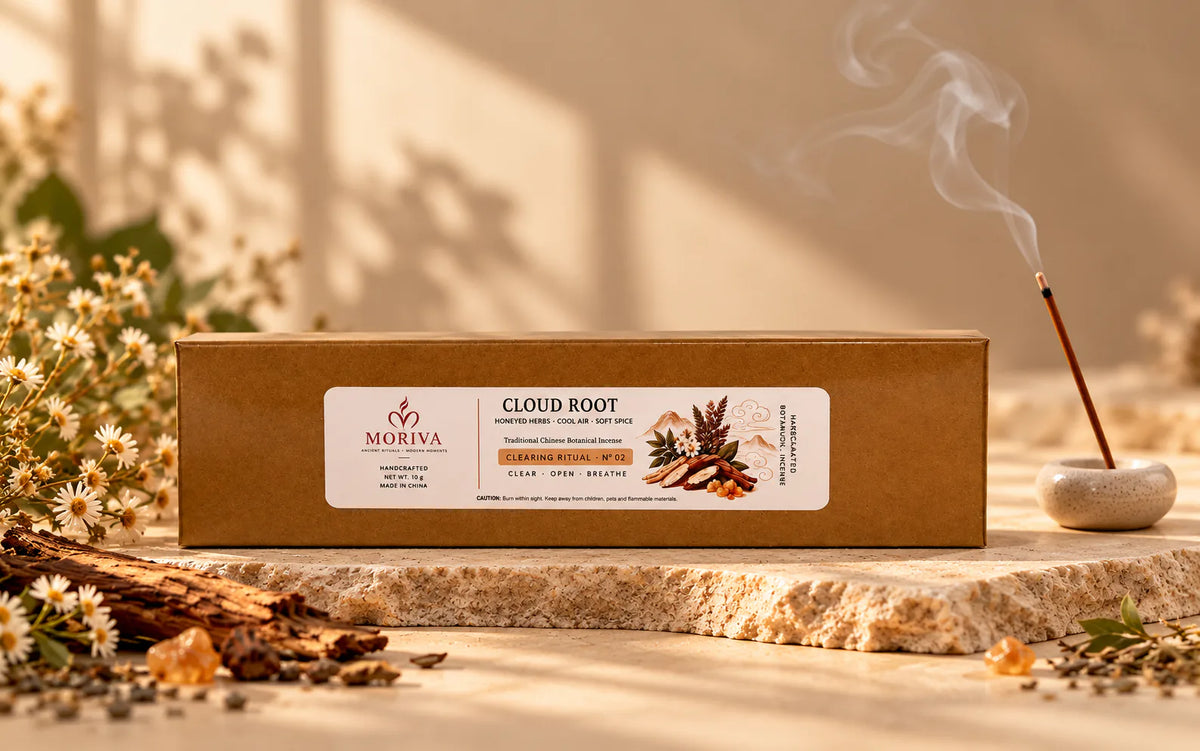 MORIVA Cloud Root incense box with a lit stick in warm natural light