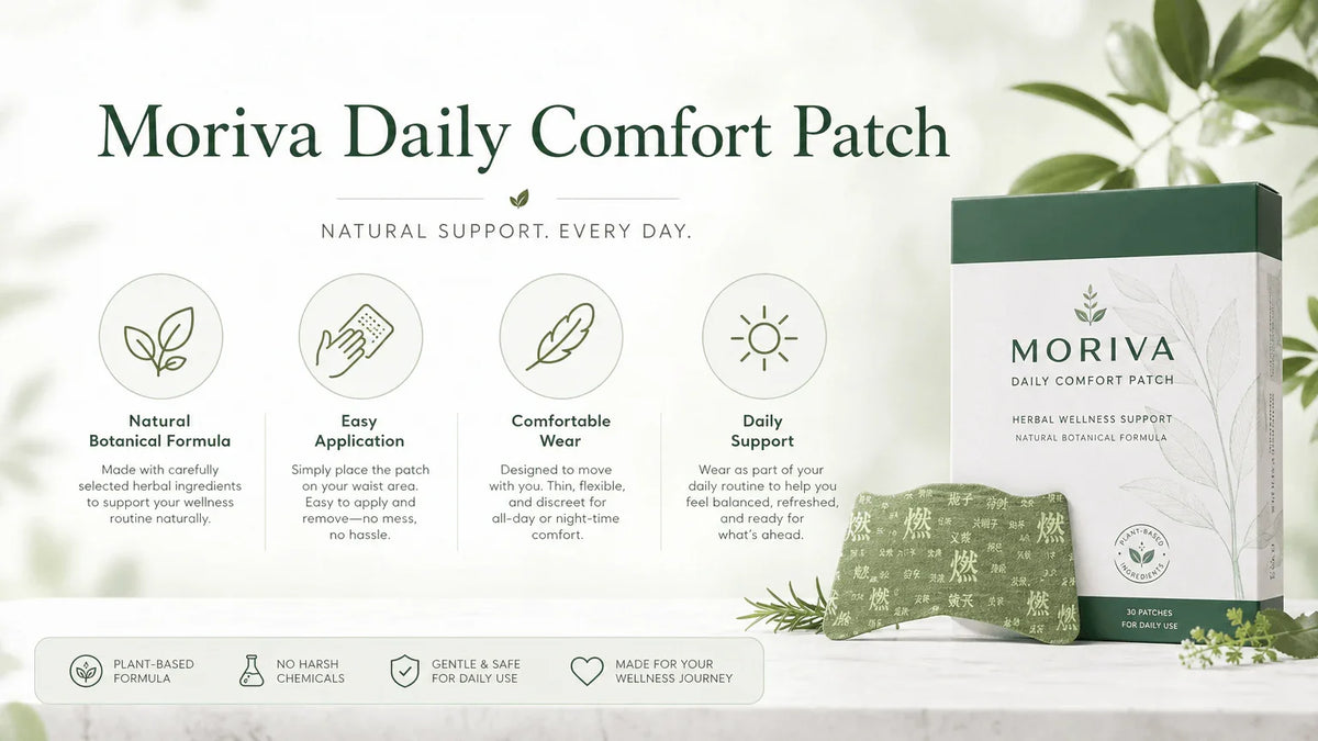 Moriva Daily Comfort Patch box and herbal patch with wellness benefits, plant-based formula.