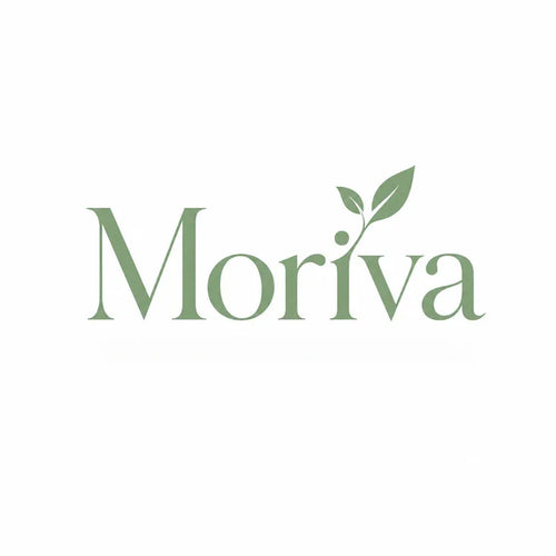 Green minimalist Moriva logo with leaf accent on white background