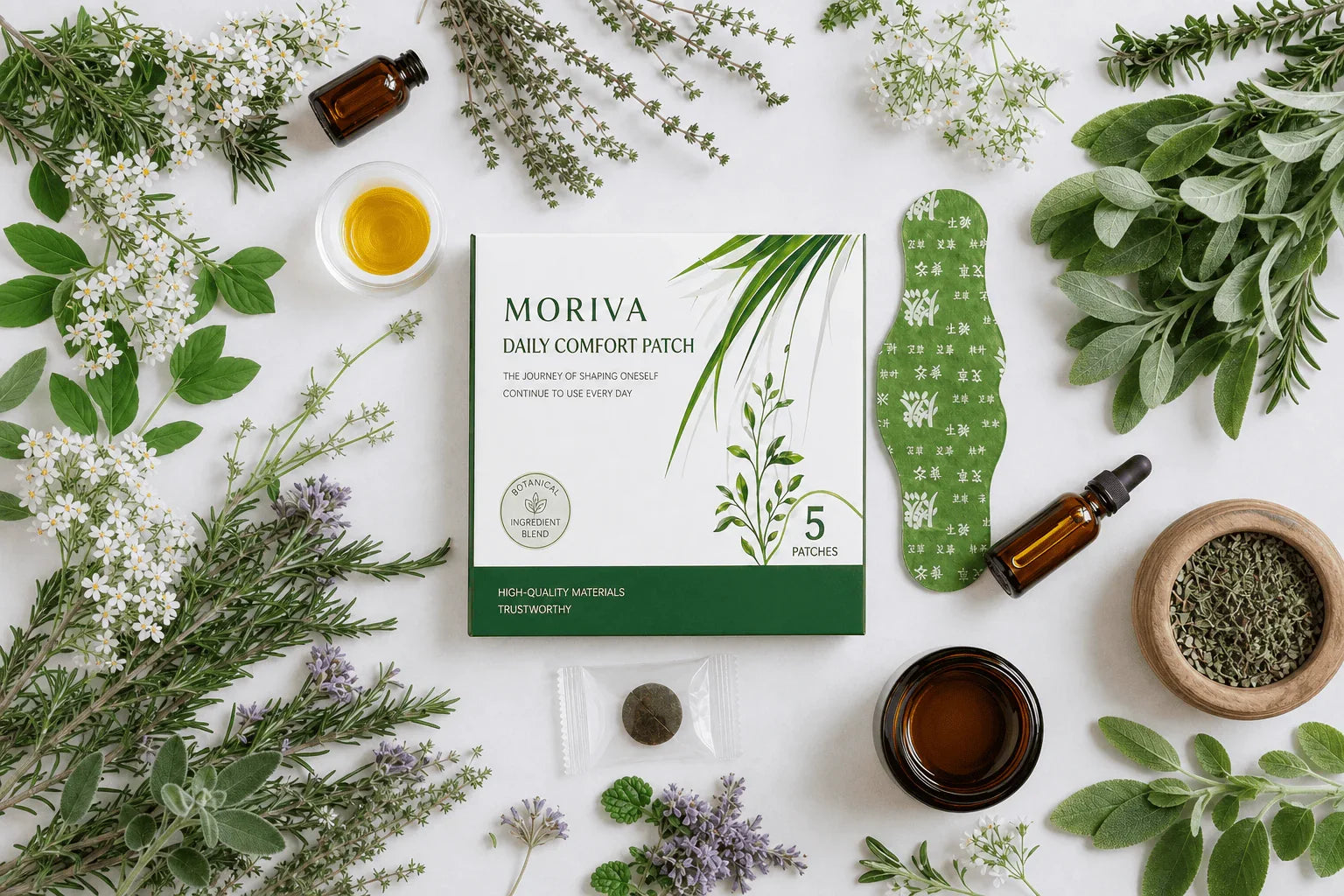 Moriva daily comfort patch box surrounded by herbs, essential oils, and a green patch