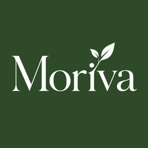 White Moriva logo text with a leaf design on a dark green background