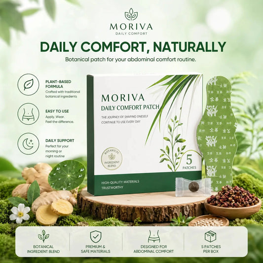 Herbal daily comfort patch box, patches, and natural ingredients on greenery background